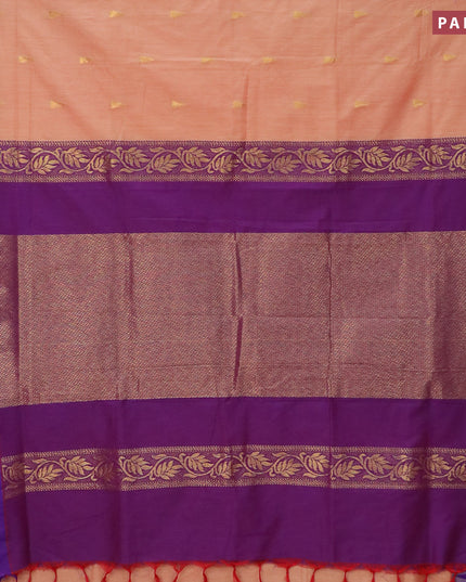 Kalyani cotton saree peach shade and violet with temple zari woven buttas and temple woven simple border