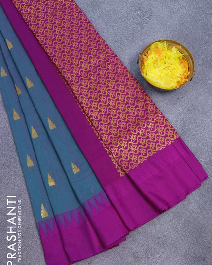 Kalyani cotton saree dual shade of peacock green and purple with temple zari woven buttas and temple woven simple border