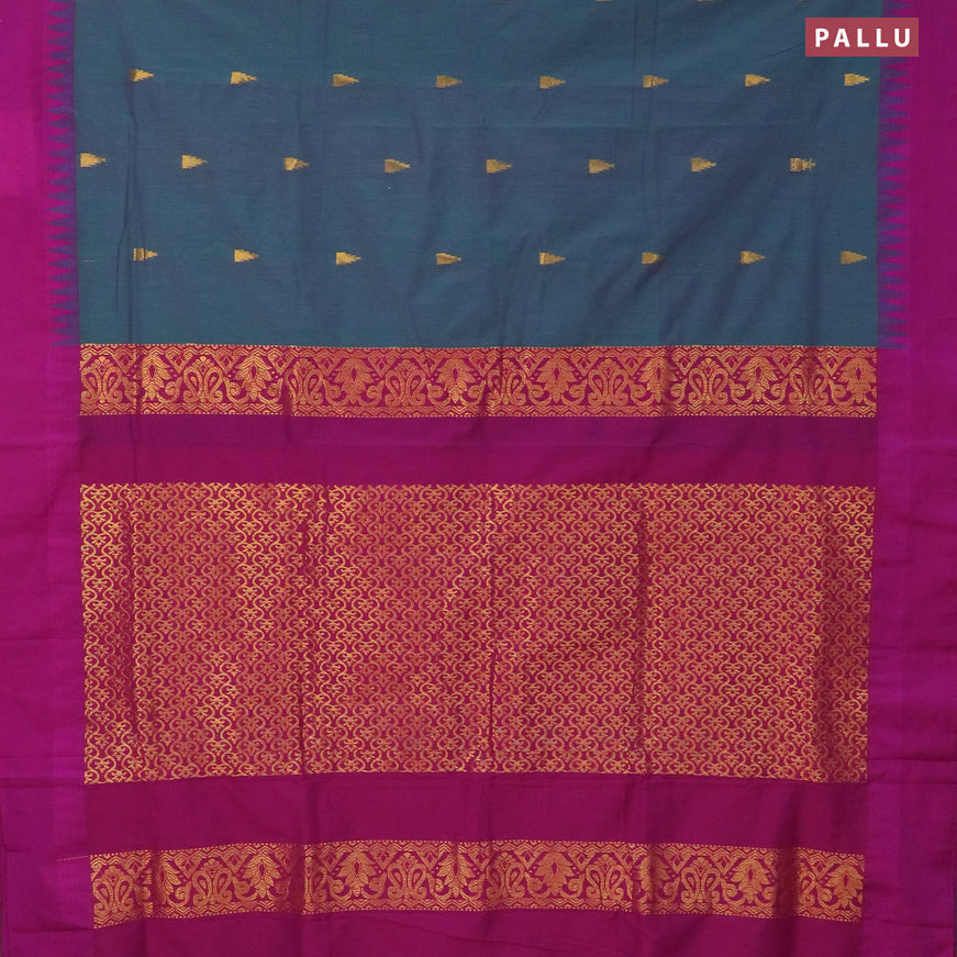 Kalyani cotton saree dual shade of peacock green and purple with temple zari woven buttas and temple woven simple border