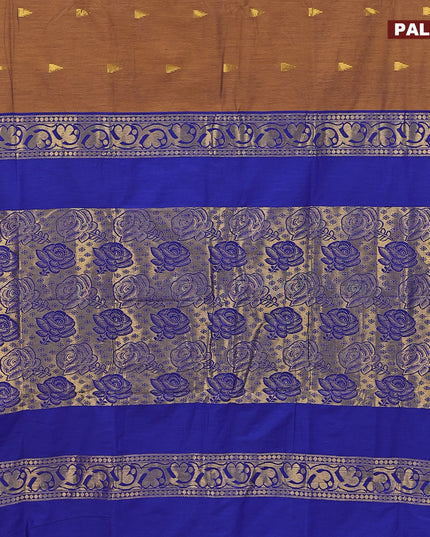 Kalyani cotton saree dark mustard and blue with temple zari woven buttas and temple woven simple border