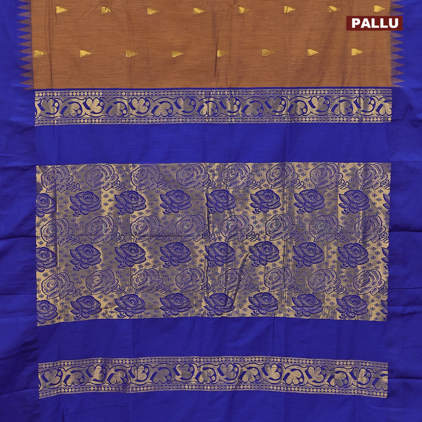 Kalyani cotton saree dark mustard and blue with temple zari woven buttas and temple woven simple border