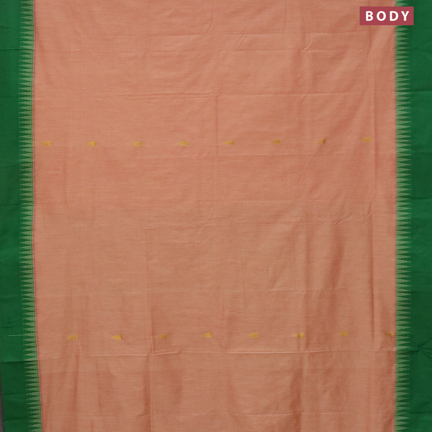 Kalyani cotton saree peach shade and green with temple zari woven buttas and temple woven simple border