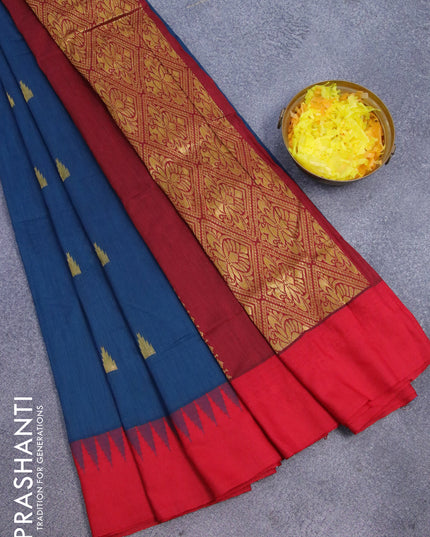 Kalyani cotton saree peacock blue and red with temple zari woven buttas and temple woven simple border