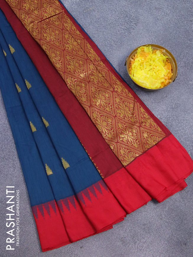 Kalyani cotton saree peacock blue and red with temple zari woven buttas and temple woven simple border