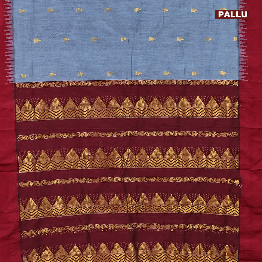 Kalyani cotton saree bluish grey and maroon with temple zari woven buttas and temple woven simple border