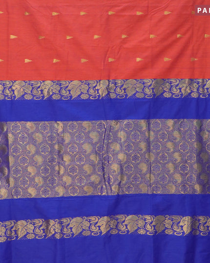 Kalyani cotton saree dual shade of orange and blue with temple zari woven buttas and temple woven simple border