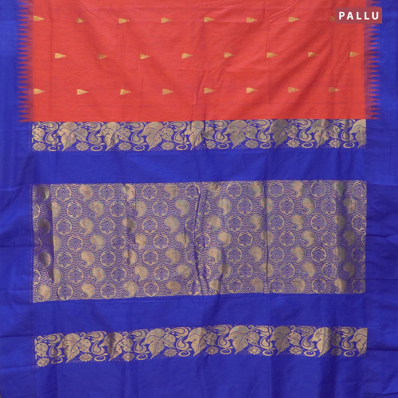 Kalyani cotton saree dual shade of orange and blue with temple zari woven buttas and temple woven simple border