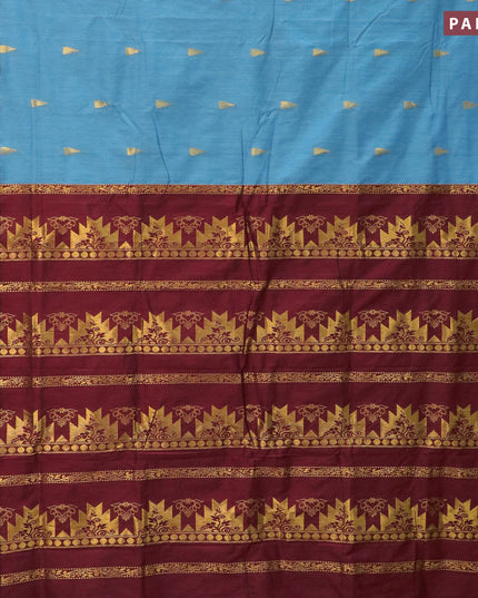 Kalyani cotton saree pastel blue and red with temple zari woven buttas and temple woven simple border