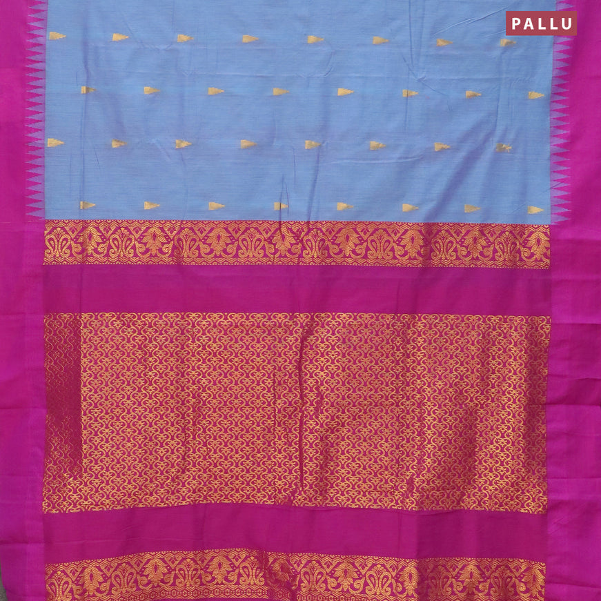 Kalyani cotton saree dual shade of pastel blue and purple with temple zari woven buttas and temple woven simple border