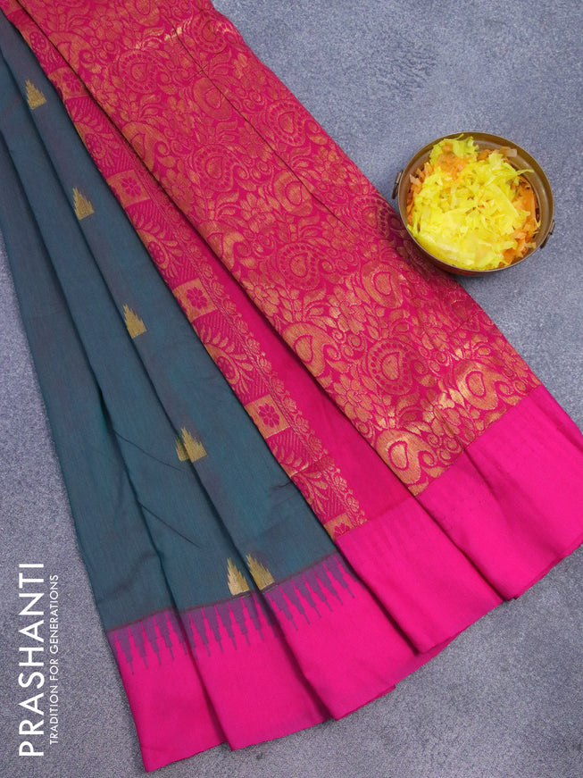 Kalyani cotton saree dual shade of peacock green and pink with temple zari woven buttas and temple woven simple border