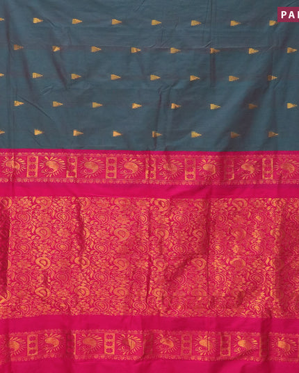 Kalyani cotton saree dual shade of peacock green and pink with temple zari woven buttas and temple woven simple border