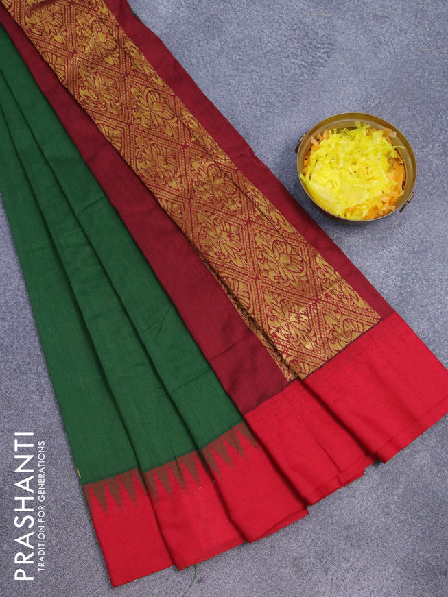 Kalyani cotton saree green and red with temple zari woven buttas and temple woven simple border