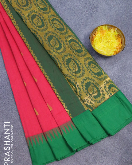 Kalyani cotton saree pink and green with temple zari woven buttas and temple woven simple border