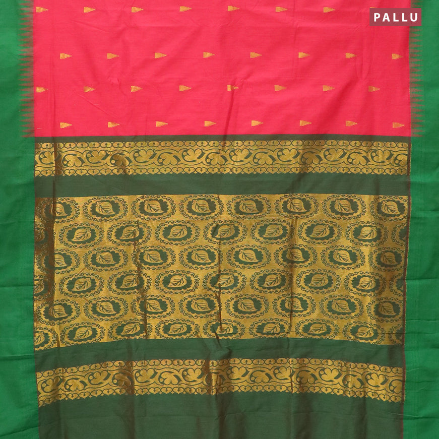 Kalyani cotton saree pink and green with temple zari woven buttas and temple woven simple border