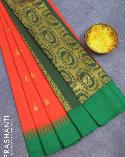 Kalyani cotton saree orange and green with temple zari woven buttas and temple woven simple border