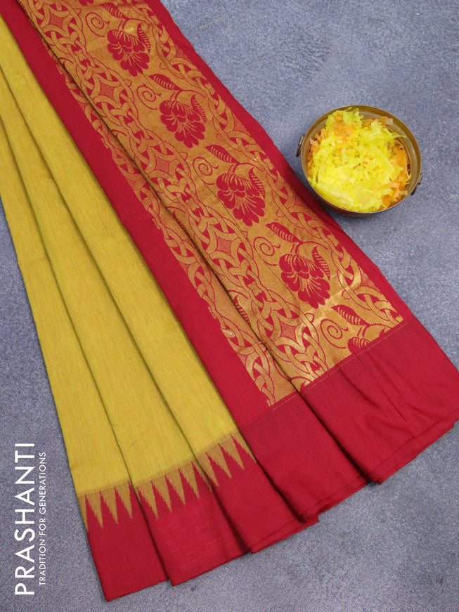 Kalyani cotton saree mustard shade and marron with temple zari woven buttas and temple woven simple border