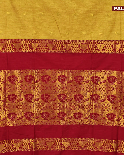 Kalyani cotton saree mustard shade and marron with temple zari woven buttas and temple woven simple border