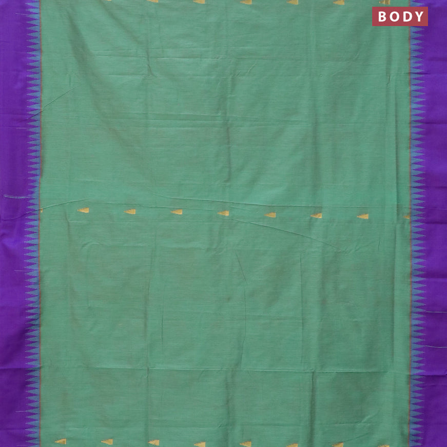 Kalyani cotton saree dual shade of green and violet with temple zari woven buttas and temple woven simple border