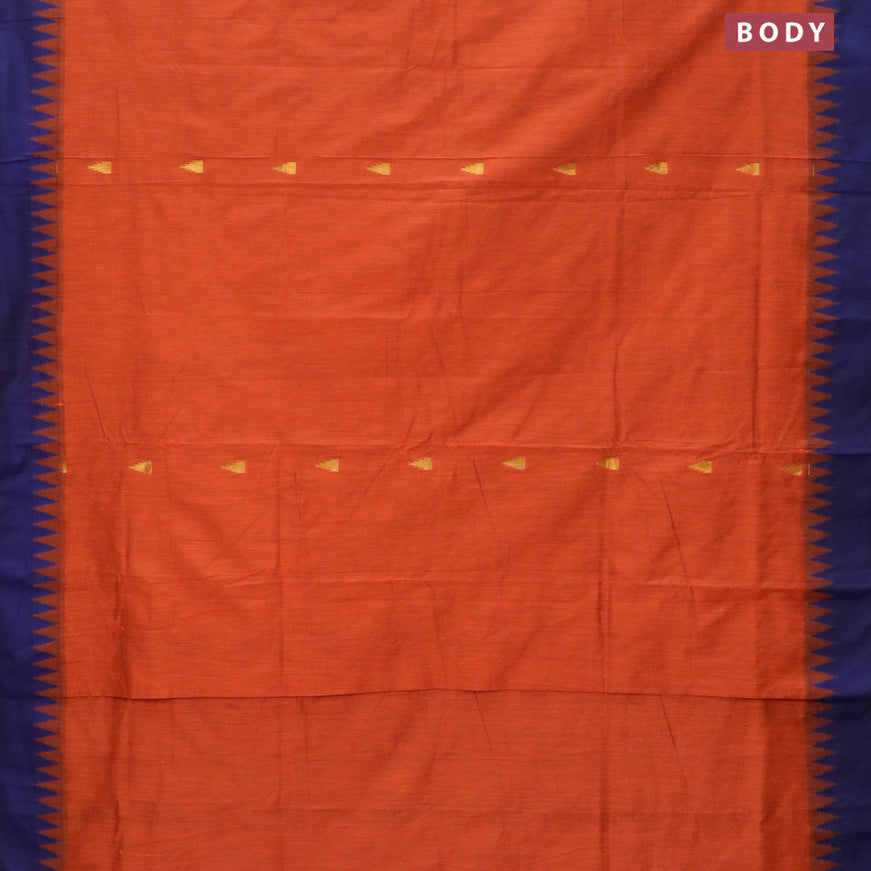Kalyani cotton saree rustic orange and navy blue with temple zari woven buttas and temple woven simple border