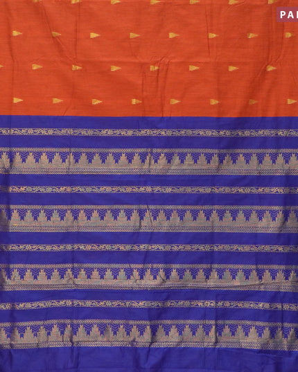 Kalyani cotton saree rustic orange and navy blue with temple zari woven buttas and temple woven simple border