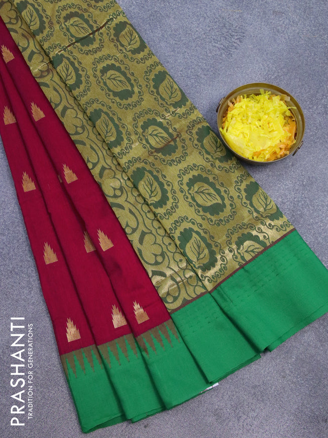 Kalyani cotton saree red and green with temple zari woven buttas and temple woven simple border