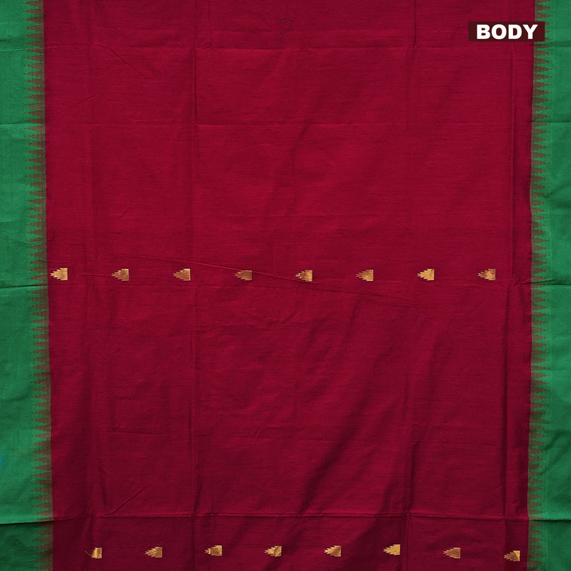 Kalyani cotton saree red and green with temple zari woven buttas and temple woven simple border