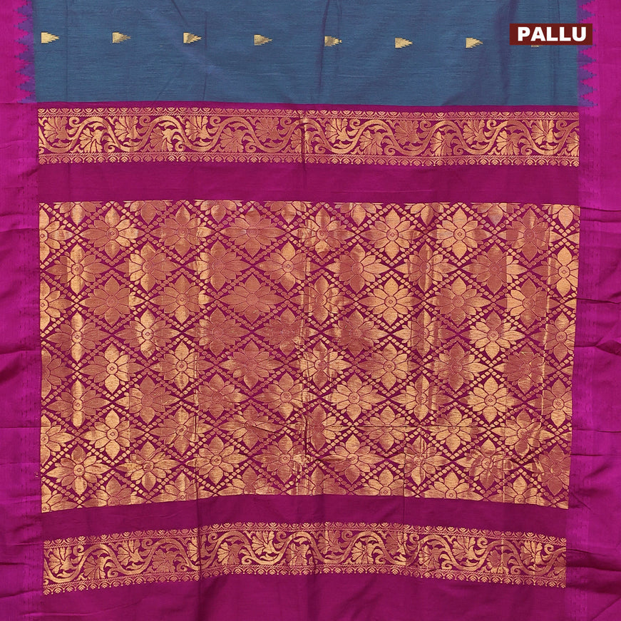Kalyani cotton saree dual shade of peacock blue and purple with temple zari woven buttas and temple woven simple border