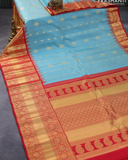 Pure gadwal silk saree pastel blue and red with zari woven buttas and temple design long zari woven border