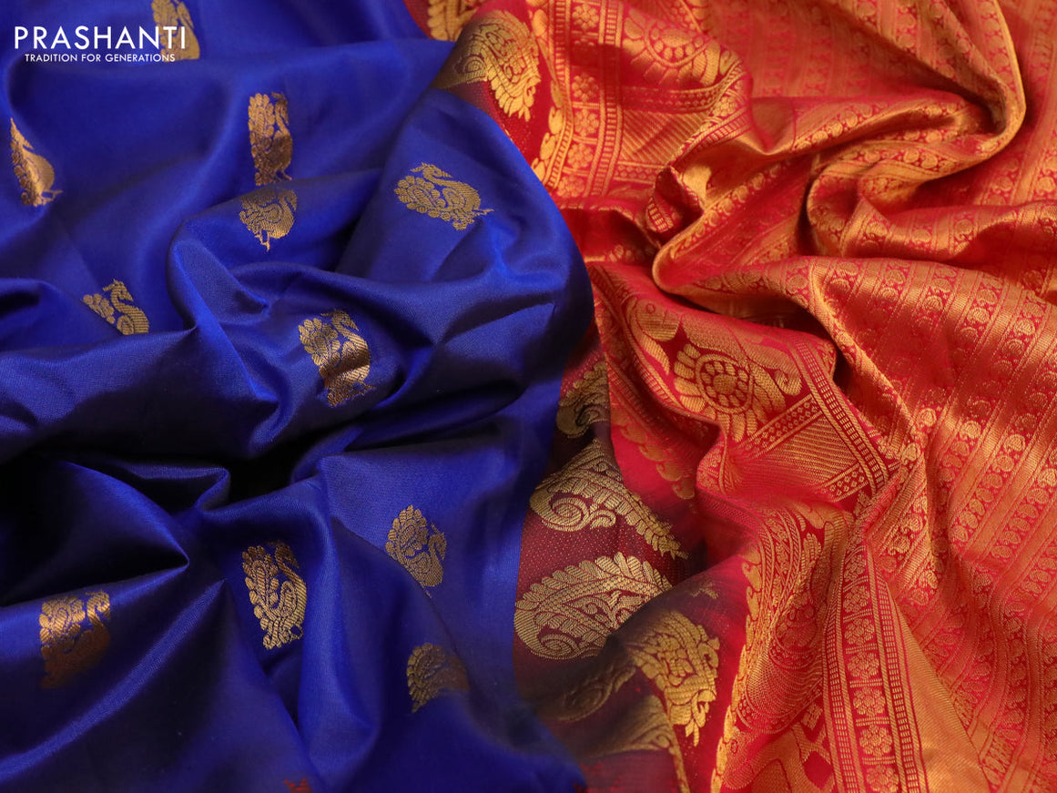 Pure gadwal silk saree blue and red with annam zari woven buttas and temple design long zari woven border