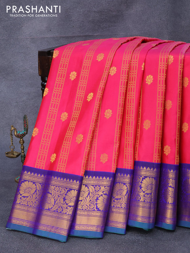 Pure gadwal silk saree pink and blue with allover zari weaves & floral buttas and rich floral zari woven border