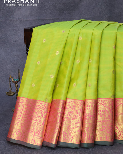 Pure gadwal silk saree lime green and light pink with zari woven buttas and annam zari woven border