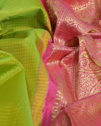 Pure gadwal silk saree lime green and light pink with zari woven buttas and annam zari woven border