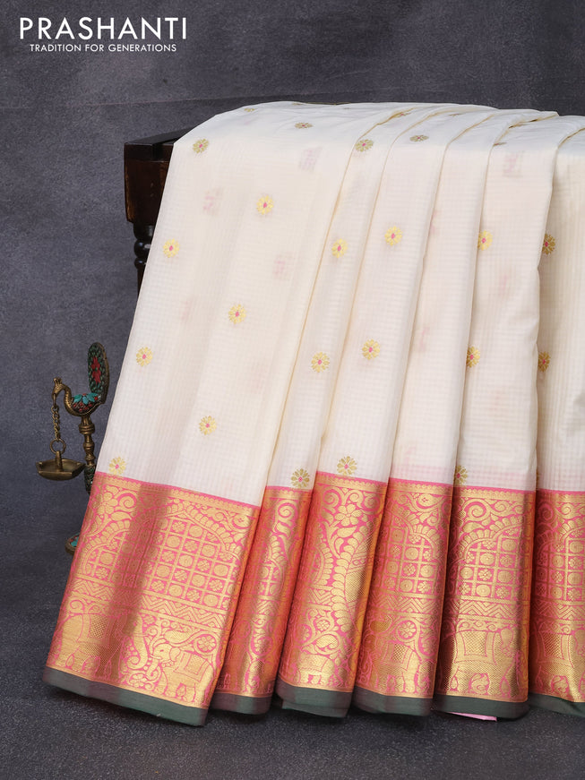 Pure gadwal silk saree off white and light pink with zari woven floral buttas and zari woven border