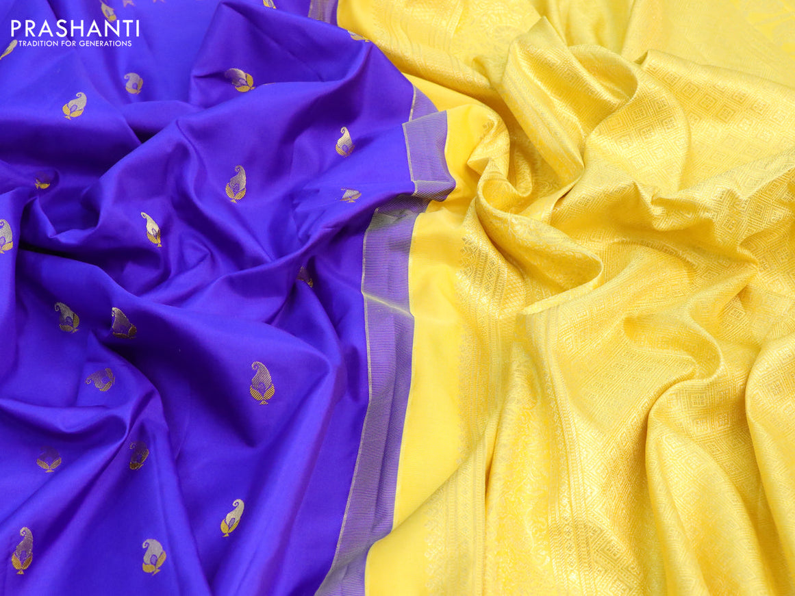 Pure gadwal silk saree blue and yellow with zari woven buttas and temple woven zari border