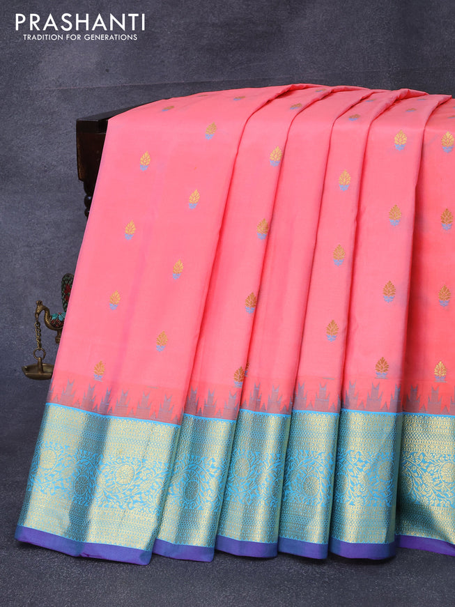 Pure gadwal silk saree peach pink and light blue with zari woven buttas and temple woven zari border