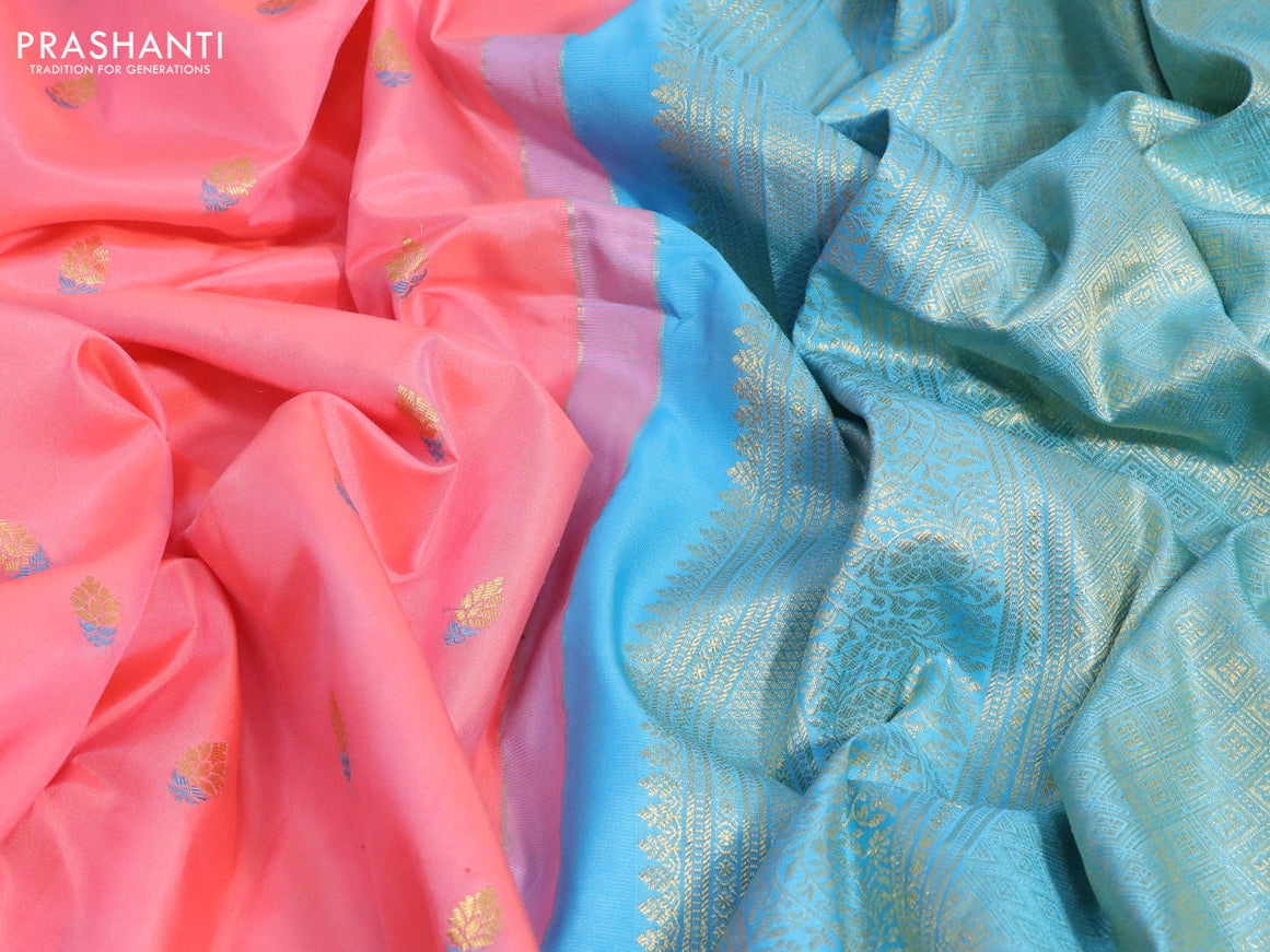 Pure gadwal silk saree peach pink and light blue with zari woven buttas and temple woven zari border