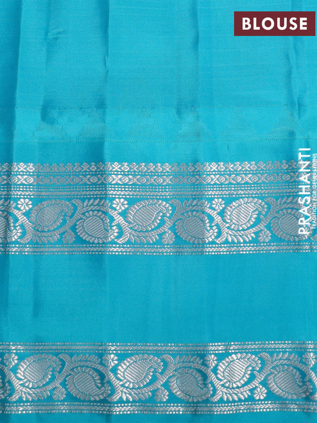 Pure gadwal silk saree light pink and teal blue with allover stripes pattern and temple design rettapet silver zari woven border
