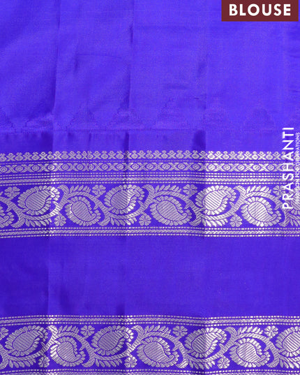 Pure gadwal silk saree pink and royal blue with allover stripes pattern and temple design rettapet silver zari woven border