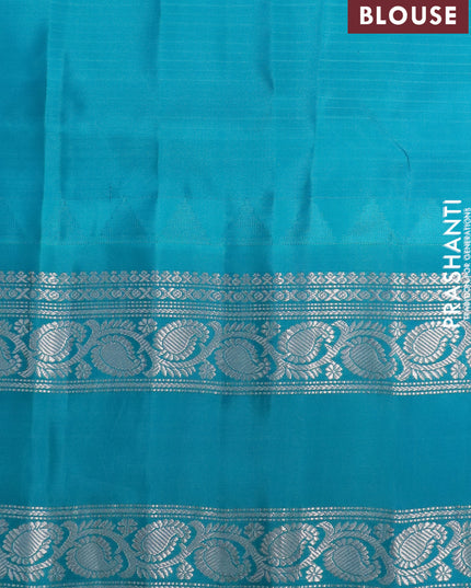 Pure gadwal silk saree light pink and teal blue with allover stripes pattern and temple design rettapet silver zari woven border
