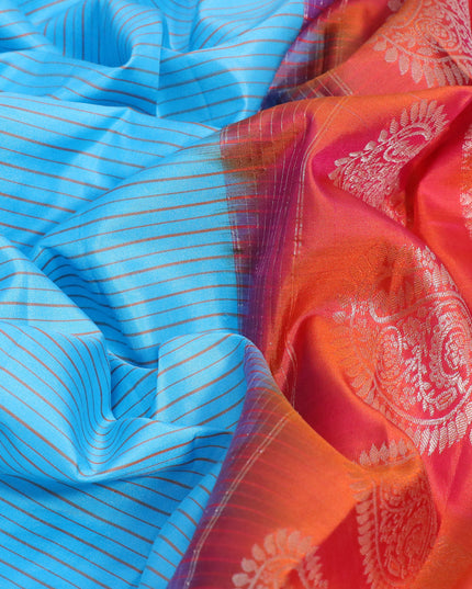 Pure gadwal silk saree light blue and dual shade of pinkish orange with allover stripes pattern and temple design rettapet silver zari woven border