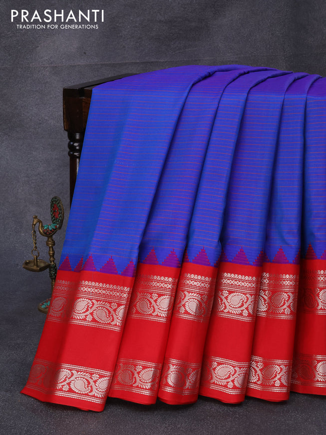 Pure gadwal silk saree blue and red with allover stripes pattern and temple design rettapet silver zari woven border
