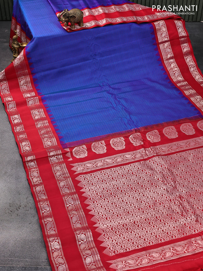 Pure gadwal silk saree blue and red with allover stripes pattern and temple design rettapet silver zari woven border
