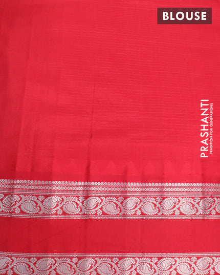 Pure gadwal silk saree green and red with allover stripes pattern and temple woven rettapet silver zari woven border