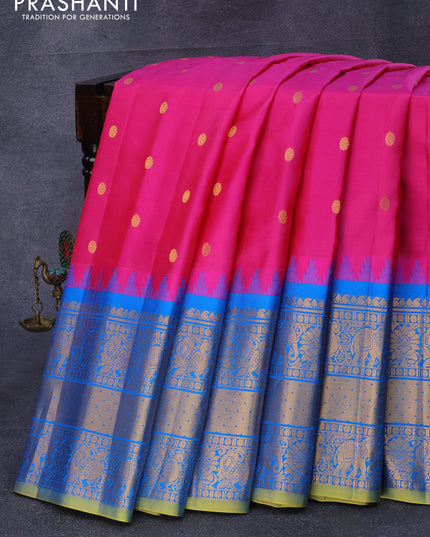 Pure gadwal silk saree pink and cs blue with zari woven buttas and temple design long zari wove border