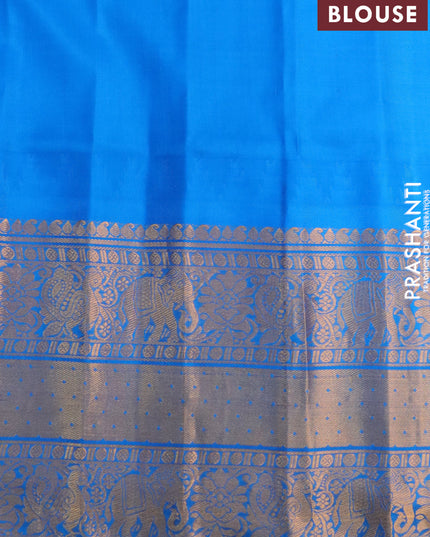 Pure gadwal silk saree pink and cs blue with zari woven buttas and temple design long zari wove border