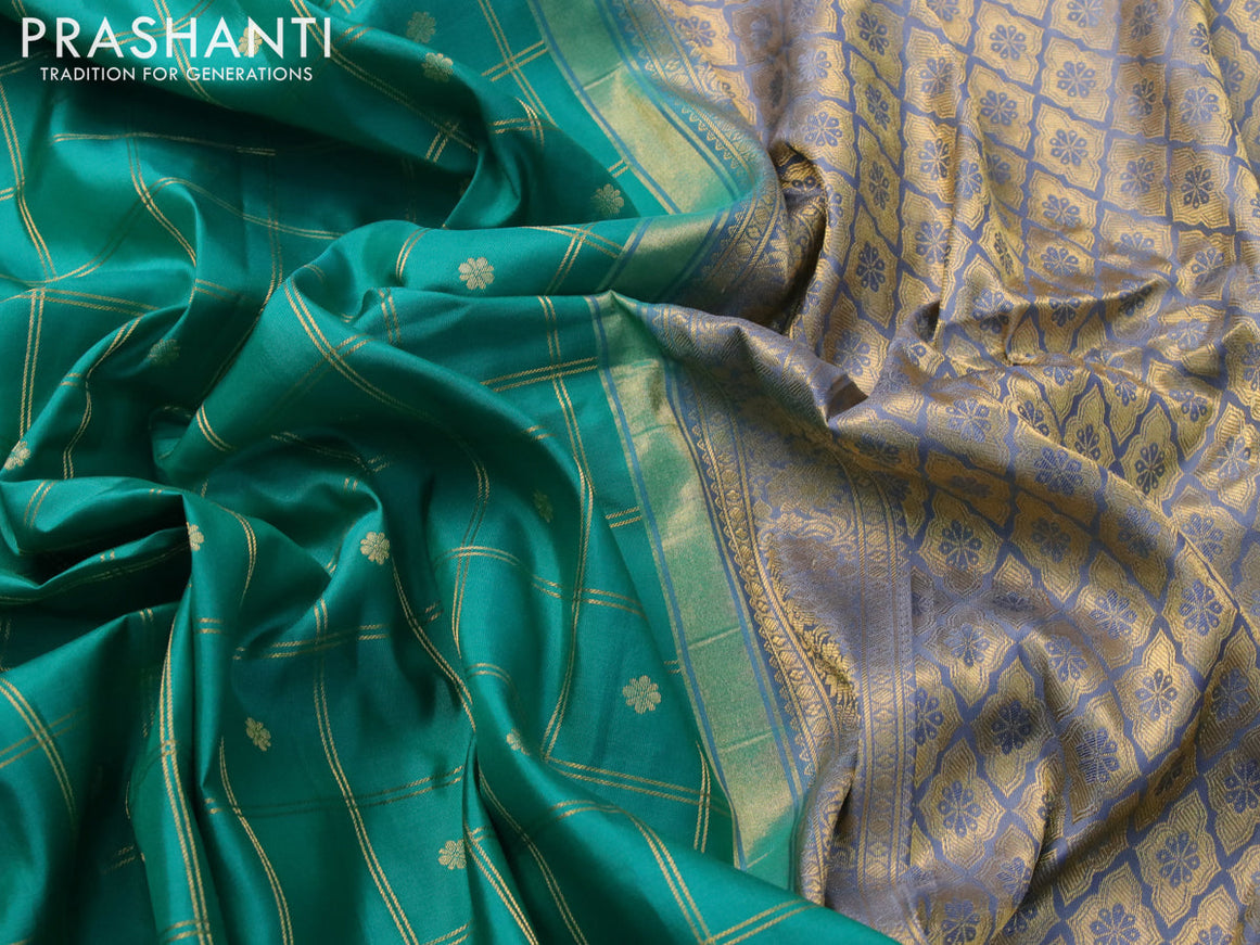 Pure gadwal silk saree teal green and grey with allover zari checked pattern & buttas and zari woven floral border