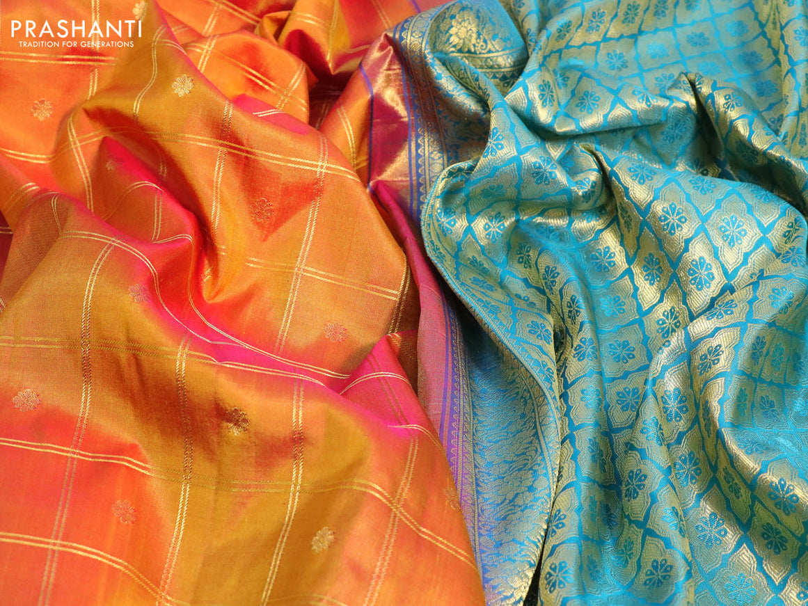 Pure gadwal silk saree dual shade of mustard yellowish pink and teal blue with allover zari checked pattern & buttas and floral zari woven border