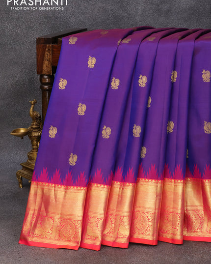 Pure gadwal silk saree blue and dual shade of pinkish orange with annam zari woven buttas and temple design annam zari woven border