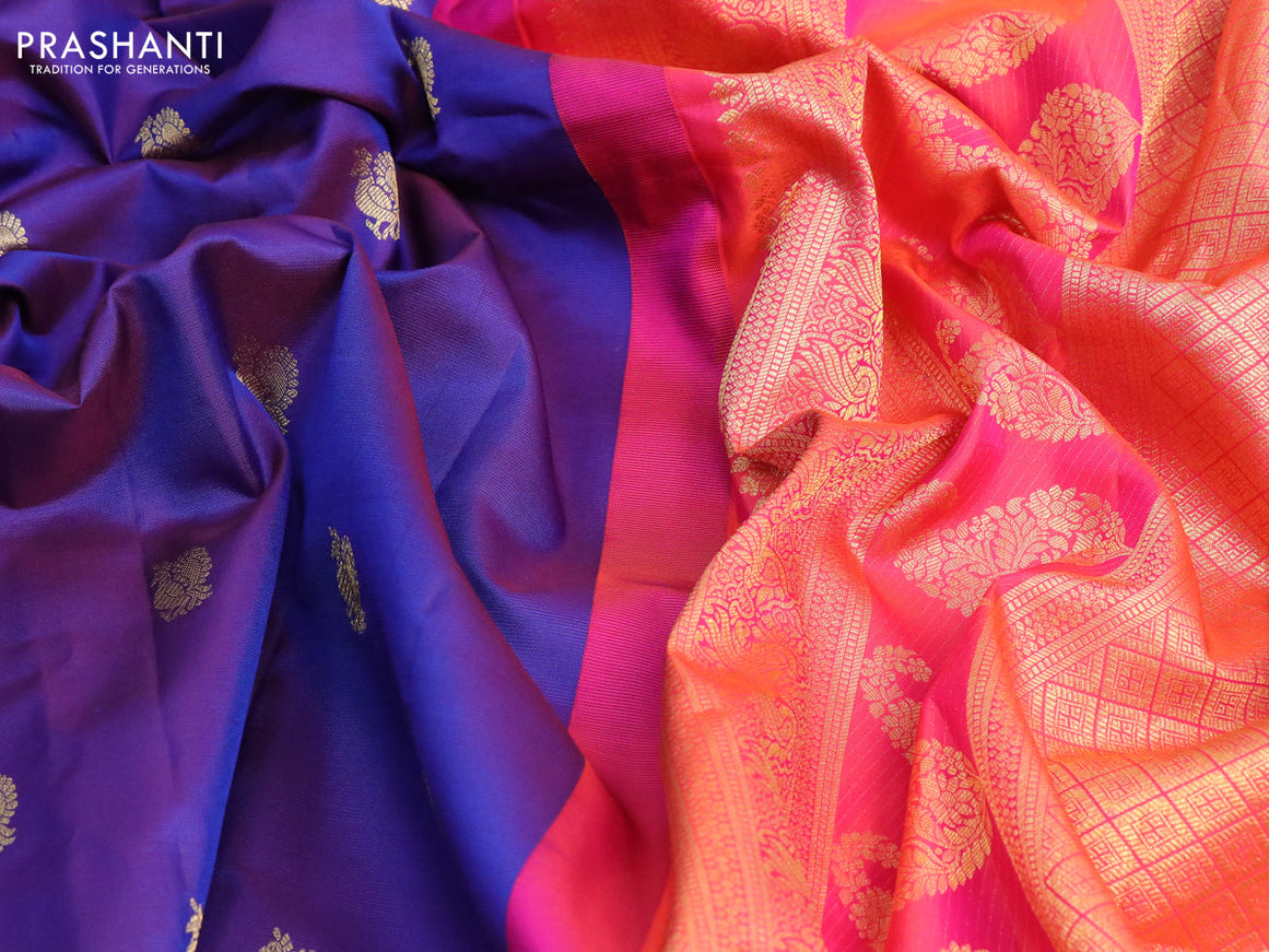 Pure gadwal silk saree blue and dual shade of pinkish orange with annam zari woven buttas and temple design annam zari woven border