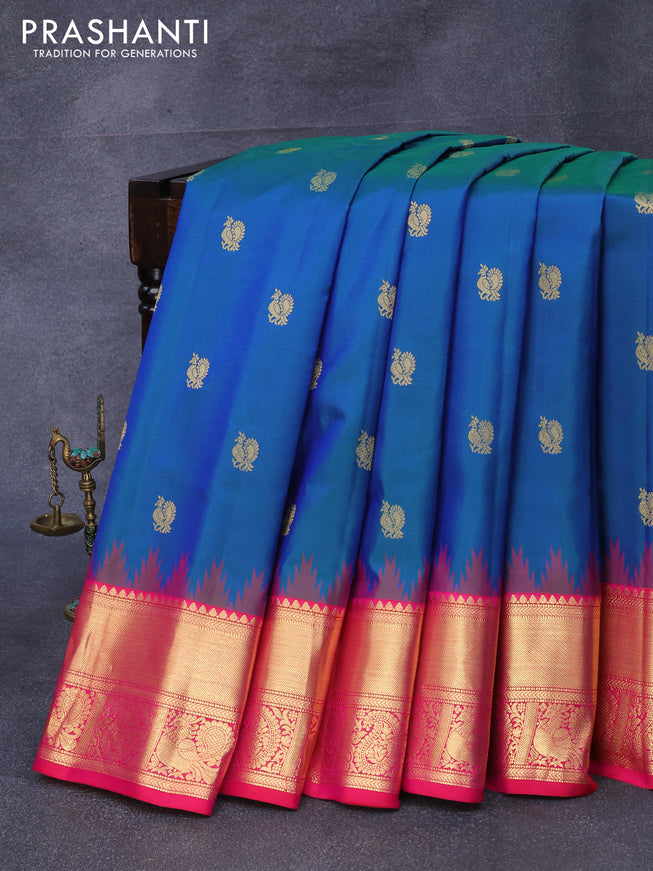 Pure gadwal silk saree dual shade of bluish green and pink with annam zari woven buttas and temple design annam zari woven border